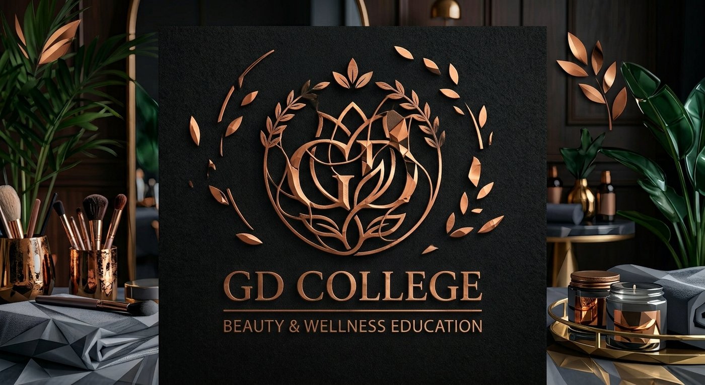 GD College brand mark surrounded by makeup brushes and beauty tools